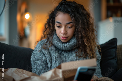 Mixed race young woman checking her online shopping delivery