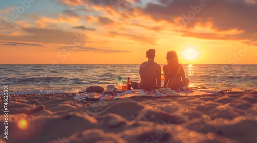 Romantic couple in love doing picnic on the sea beach at sunset. Blurred image of Boyfriend and girlfriend enjoying love