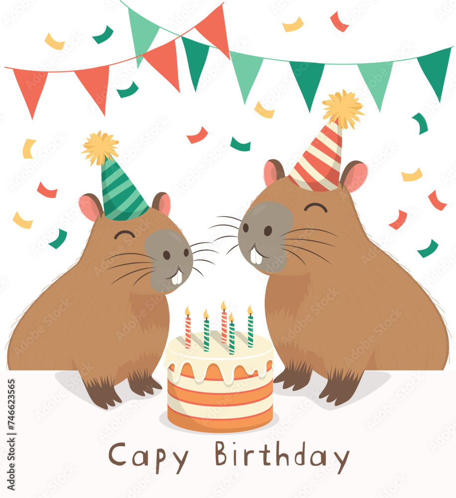 Fototapeta premium Cute family big and small capybara in festive caps blowing out candles on a birthday cake, red and green flags, colorful confetti. Capy Birthday inscription. Postcard, greeting card, invitation