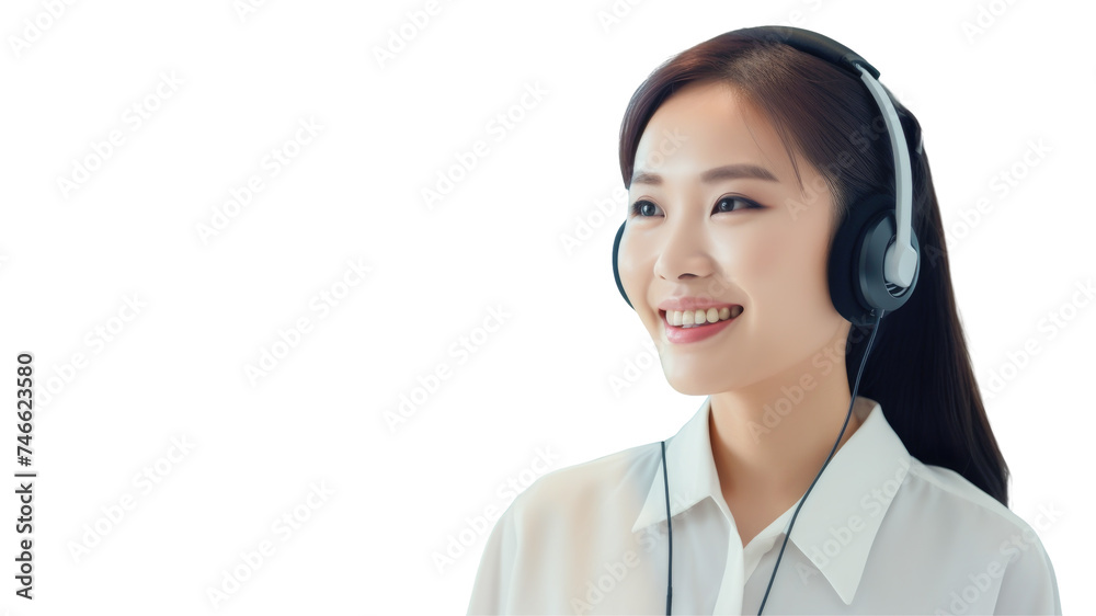 Isolated pretty Asian woman operator working with headsets and desktop computer at telemarketing customer service, call center on transparent background. Contact or talking with customer concept Isolated pretty Asian woman operator working with headsets and desktop computer at telemarketing customer service, call center on transparent background. Contact or talking with customer concept