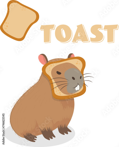 A funny angry capybara stuck its snout into toasted bread. Capytoast. Cartoon flat vector style. Postcard, poster, sticker. A piece of bread toast.