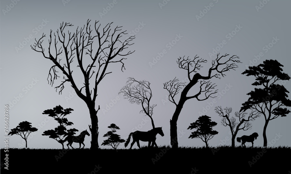 Silhouette horses  with trees and grass at forest view landscape vector illustration background.