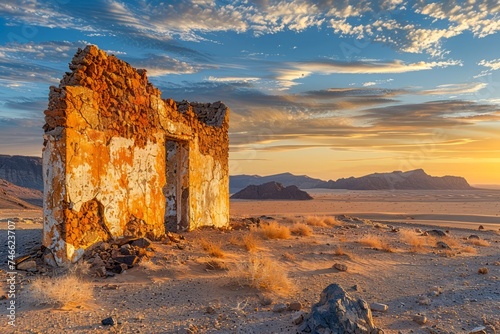 Golden Hour Illuminates an Abandoned Desert Building's Decaying Walls Against a Mountainous Backdrop