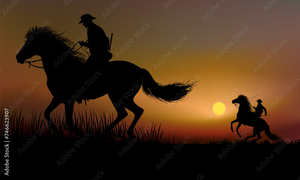 Horses silhouette in grass, meadow over sunset sky in forest landscape vector illustration background. Horses silhouette in grass, meadow over sunset sky in forest landscape vector illustration background.