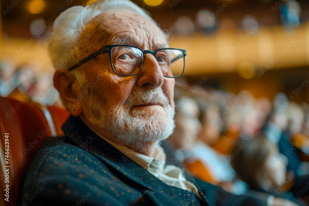 Close-up of a Pensive Senior Man with Glasses at a Theatrical Performance, Bokeh Audience Background Close-up of a Pensive Senior Man with Glasses at a Theatrical Performance, Bokeh Audience Background