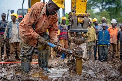 Construction Workers Operating Heavy Machinery at a Worksite in Africa, Engaged in Infrastructure Development