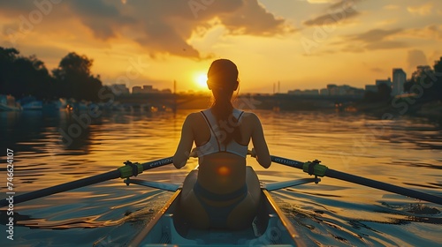 Back view of Woman paddles kayak on water, towards sunset