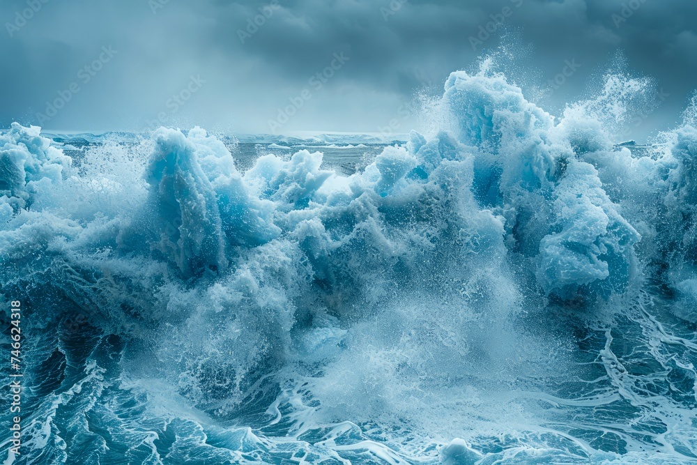Dramatic Ocean Waves Crashing with Intense Power, Marine Force of Nature Seascape, Dynamic Sea Wave Texture, Oceanic Weather Elements in Motion - obrazy, fototapety, plakaty 