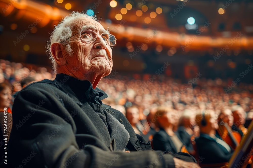 Senior Woman Enthralled by Stage Performance at Theater, Audience in Soft Focus Background