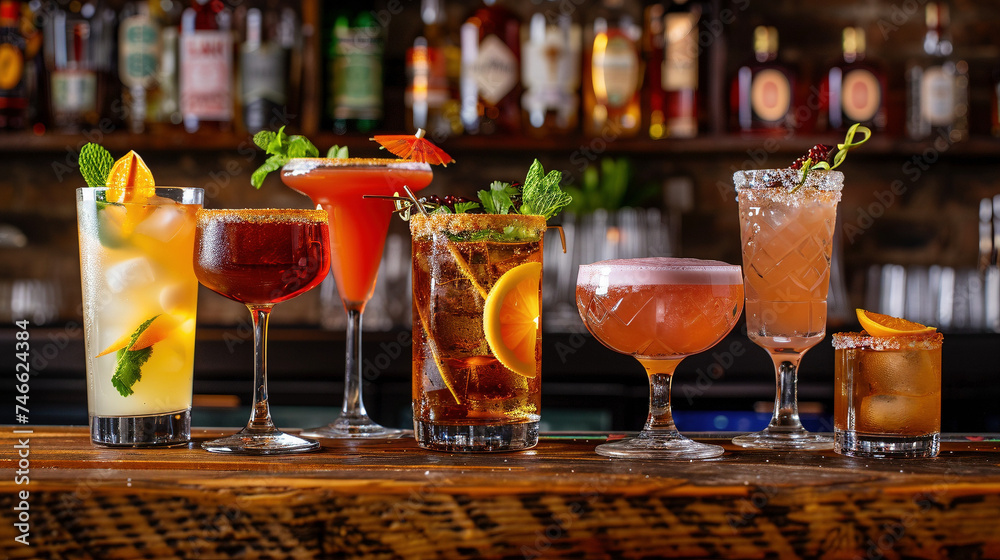 Obraz premium Craft Cocktails with Artistic Garnishes on Wooden Bar Counter