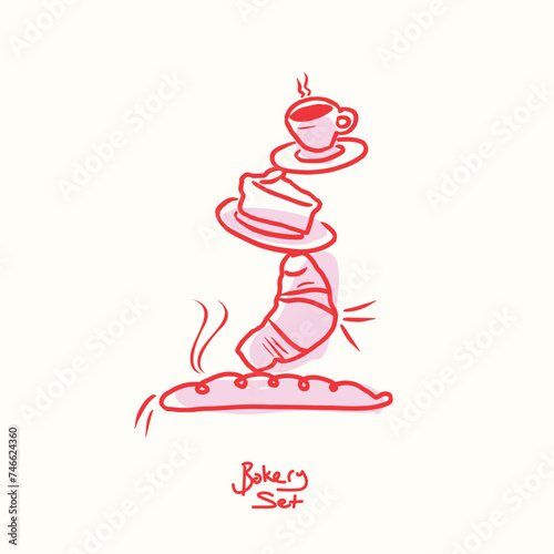 Bakery and patisserie set. Cafe and patisserie poster.
Hand drawn cake, croissant, baguette vector illustration.
