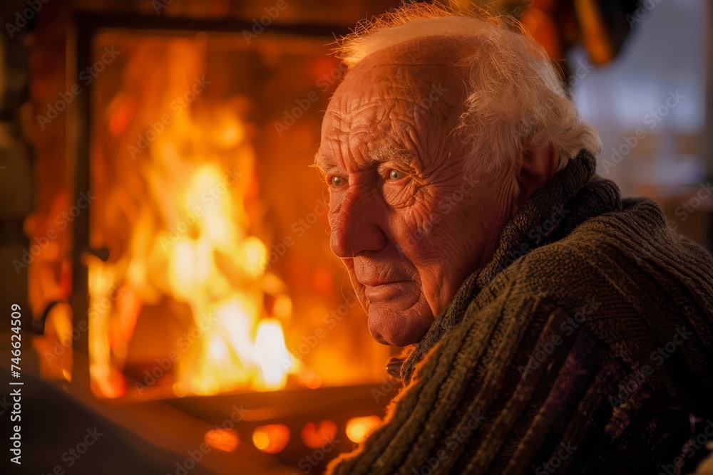 Portrait of an Elderly Man Contemplating by a Warm Cozy Fireplace, Golden Hour Reflection in a Home Setting