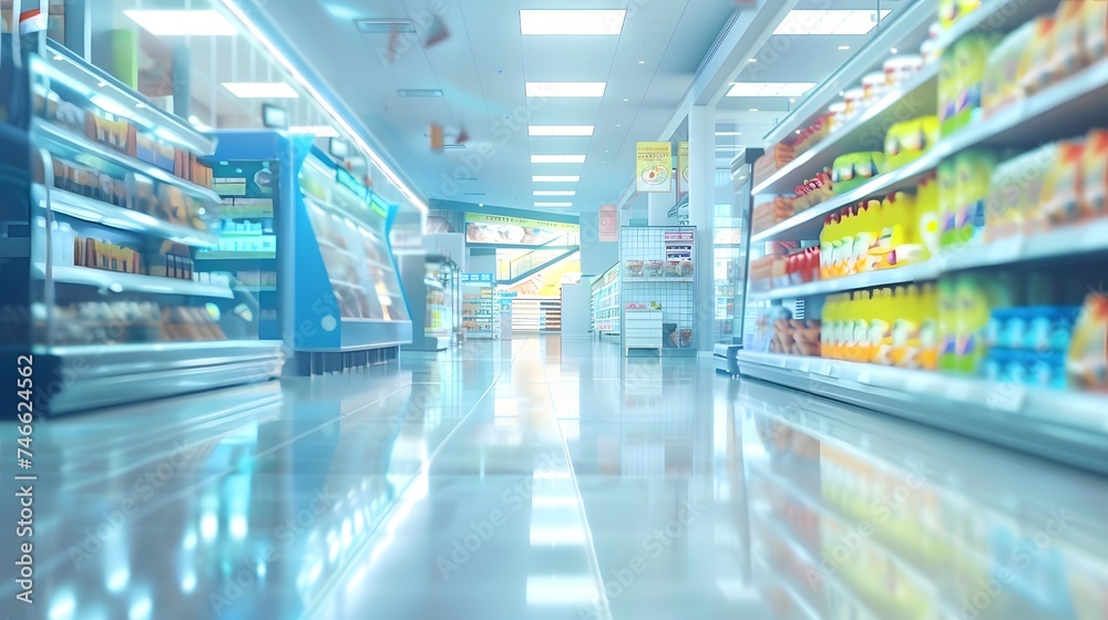 Shopping mall, department store interior with the supermarket for background banner with copy space, Abstract blurred image