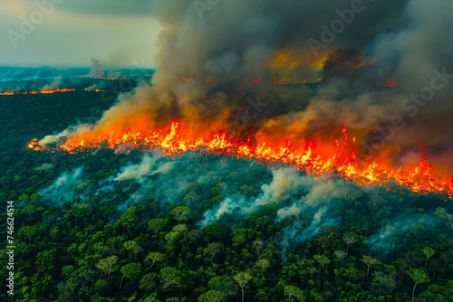 Aerial View of Massive Forest Fire Engulfing a Lush Green Landscape with Vivid Flames and Smoke
