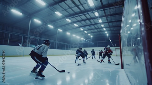 Ice Hockey Rink Arena: Young Players Training, Learning Stick and Puck Handling. Athletes Learn how to Dribble, Attack, Defend, Protect, Possesion, Drive the Puck.  photo