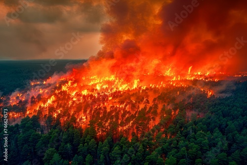 Aerial View of Intense Forest Wildfire Devastation with Flames and Smoke Engulfing Trees in Natural Disaster Scene