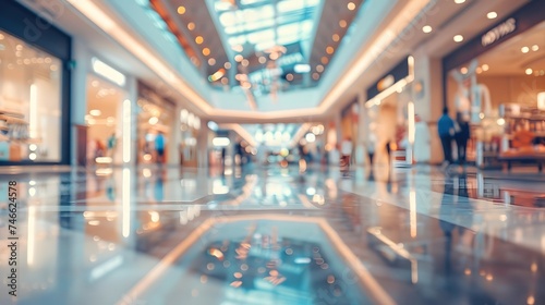 Shopping mall, department store interior with the supermarket for background banner with copy space, Abstract blurred image