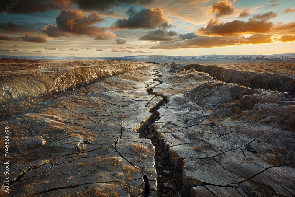 Obraz premium Majestic Sunset Over Rugged Terrain with Dramatic Sky and Textured Landscape - Ideal for Backgrounds and Natural Themes