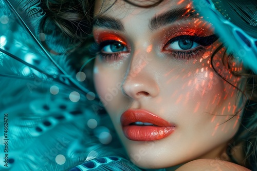 Exotic Female Portrait with Vibrant Makeup and Blue Feathers, High Fashion Look in Vivid Colors, Artistic Makeup with Red Shadow and Glossy Lips, Close-up Beauty Shot with Shadow Play