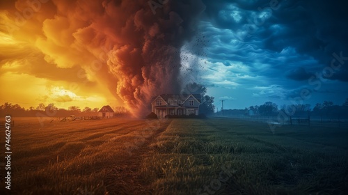 Dramatic Tornado Approaching House at Sunset on Rural Farmland – Concept of Natural Disaster and Urgency