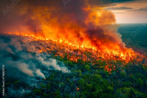 Aerial View of Massive Wildfire Engulfing Forest, Flames and Smoke Rising Against Evening Sky, Environmental Disaster Scene