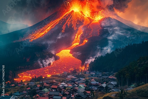 Majestic Volcanic Eruption Over Small Village at Twilight with Vivid Lava Flows and Ash Plumes