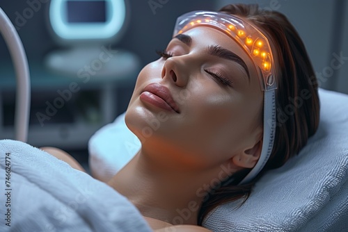 Serene woman enjoying a luxurious facial treatment under a modern LED light therapy lamp
