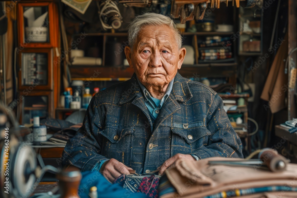 Elderly Craftsman in Workshop Surrounded by Tools and Equipment, Portrait of Experienced Artisan in Denim Jacket Elderly Craftsman in Workshop Surrounded by Tools and Equipment, Portrait of Experienced Artisan in Denim Jacket