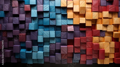 a colorful wall of wood is behind a screen, in the style of colorful cubist, chalk, bold chromaticity, matte background, quadratura, carved wood blocks, brightly colored photo
