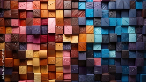 a colorful wooden wall stock photo, in the style of mixed, flat color blocks, wood veneer mosaics, color photography, focus stacking, contemporary candy-coated © Smilego