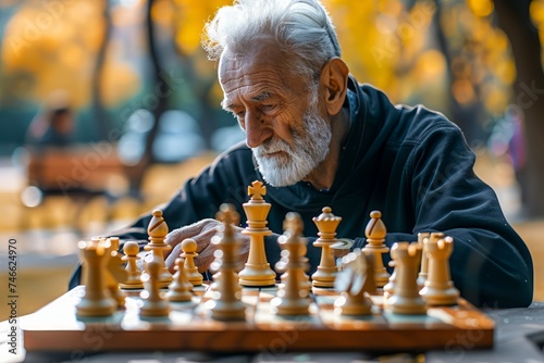 Elderly Man Deep in Thought While Playing Chess in Park with Autumn Leaves Background
