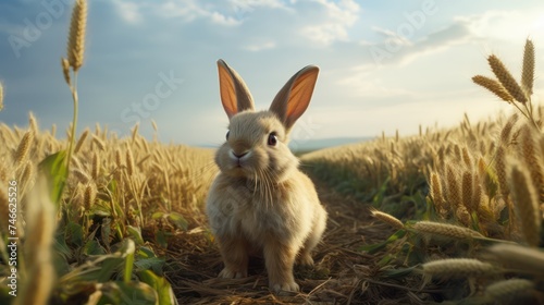 Rabbit in a wheat field. Nature and wildlife concept with a serene atmosphere © Tatyana