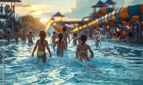 Summer holidays children in aquapark having fun sliding water splash Generative