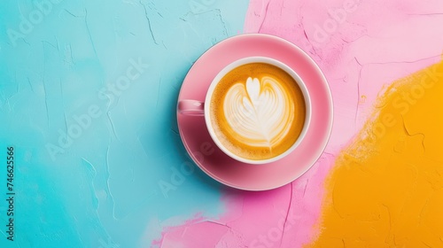 Cappuccino with heart latte art on pink saucer over multicolored textured background. Flat lay composition with copy space for design and print.