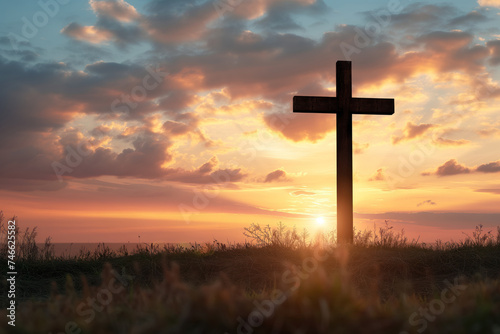 As symbol of Christianity, Easter cross is seen at dawn AI Generative