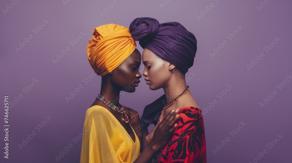 Close-up of two women with headscarves touching foreheads on a purple background. Intimacy and lesbian concept in cultural attire - obrazy, fototapety, plakaty 