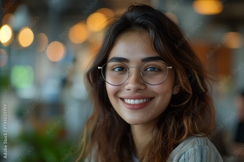 Portrait of a radiant young woman wearing glasses, smiling warmly in a well-lit, comfortable indoor space. Portrait of a radiant young woman wearing glasses, smiling warmly in a well-lit, comfortable indoor space.