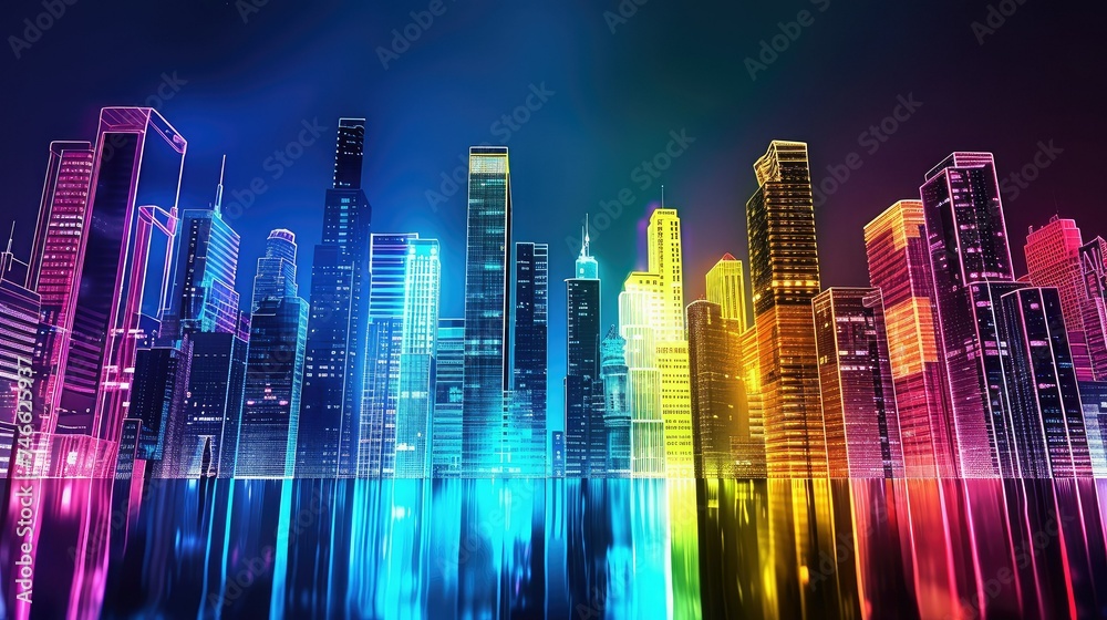 A colorful and vibrant abstract skyline of neon skyscrapers glowing at nigh