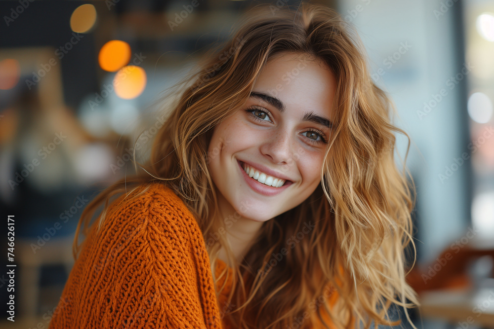 An engaging young woman with curly auburn hair and a joyful smile in a cozy café setting. An engaging young woman with curly auburn hair and a joyful smile in a cozy café setting.