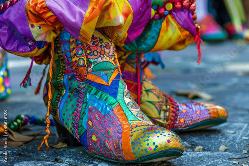 clown shoes at a carnival  showcasing a street-inspired  parodic  and comic book-style aesthetic. for use in promotional materials  articles  or social media posts related to carnivals  street culture