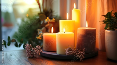 Assorted lit candles on wooden tray with decorative plants in cozy room. Warm home decoration and comfort concept for design and print