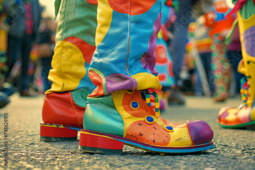 clown shoes at a carnival, showcasing a street-inspired, parodic, and comic book-style aesthetic. for use in promotional materials, articles, or social media posts related to carnivals, street culture photo
