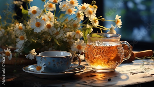 a cup with some green tea with daisy flowers, in the style of light indigo and light amber, soft edges and blurred details, raw materials, light white and light maroon