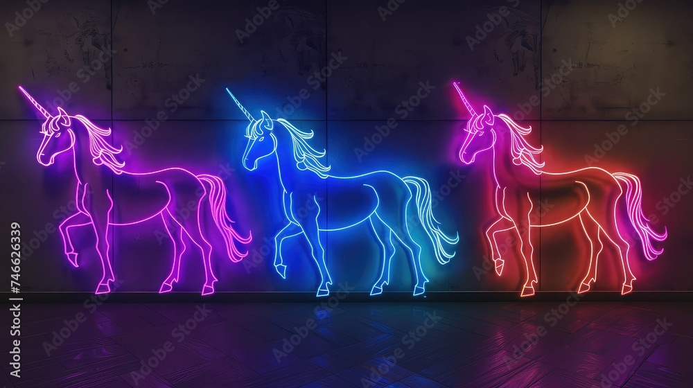 Cute Glowing neon unicorn light sign. - obrazy, fototapety, plakaty 