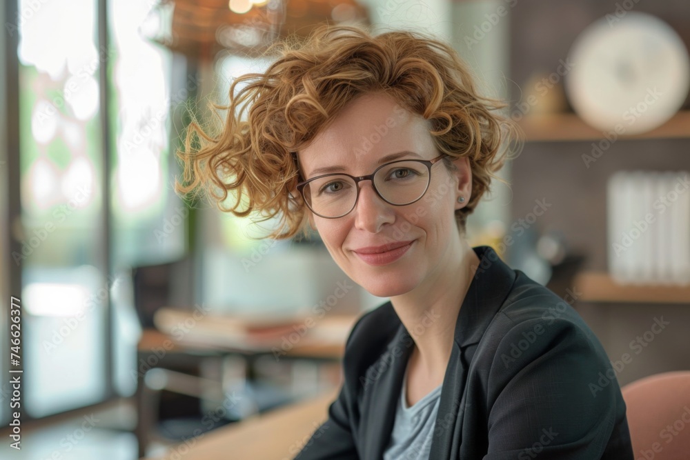 Confident Professional Woman with Curly Hair and Glasses in a Modern Office Confident Professional Woman with Curly Hair and Glasses in a Modern Office