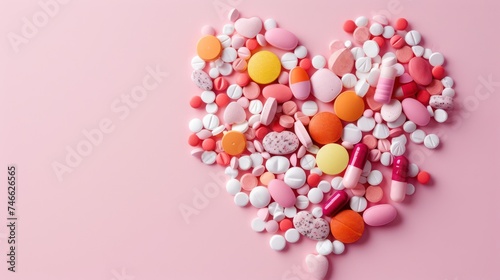 Multicolored pills and tablets creating a heart on a pink surface, symbolizing the spectrum of healthcare and medication