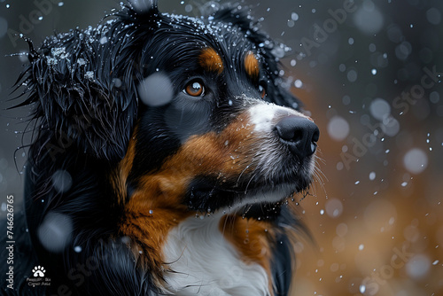 Chien bouvier bernois sous la pluie avec le regard triste photo