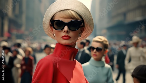 Fashionable woman in a stylish hat and dress on a busy city street, 1960s fashion revival concept