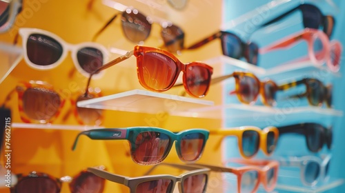 Assorted stylish sunglasses on colorful display, fashion retail and shopping concept