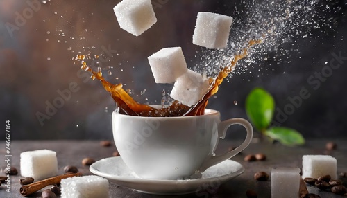 Splash of sugar cubes falling from above into a cup full of coffee splashing everywhere. photo